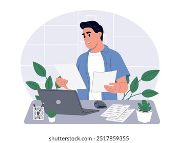 Jovem trabalha online num computador, sentado à mesa de um escritório. Trabalhador de escritório no local de trabalho durante a comunicação comercial na Internet. Ilustração plana vetorial isolada sobre fundo branco