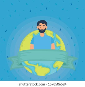 young man with world planet character vector illustration design