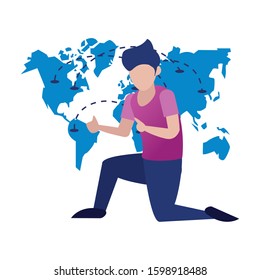 young man with world planet earth character vector illustration design