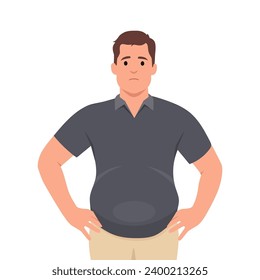 Young man worried about belly fat. Flat vector illustration isolated on white background