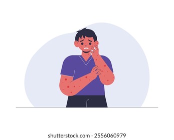 Young man with worried expression, experiencing itching, his skin has many red spots on his arms and face, vector illustration of health problem.