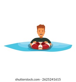 Young man with worried expression floating in the ocean and holding a lifebuoy is waiting for help