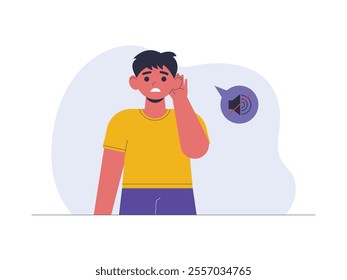 Young man with worried facial expression due to hearing loss, as a result he can't hear any sounds, vector illustration of health problem.