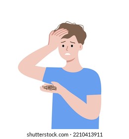 Young man worrying about hair loss problem. Stressed boy hand holding Fallen hair. Healthcare, baldness, disease, alopecia, anxiety concept. Flat cartoon character vector design illustrations