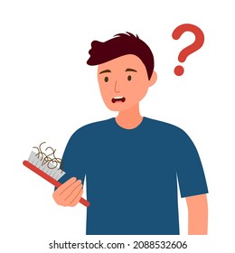 Young man worrying about his hair loss problem in flat design on white background.