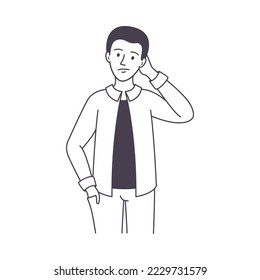 Young Man Wrestling with Question Scratching Head over Riddle Vector Illustration