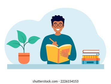 Young man writing diary or journal on notebook in flat design. Writer concept vector illustration. Teenage student doing homework.