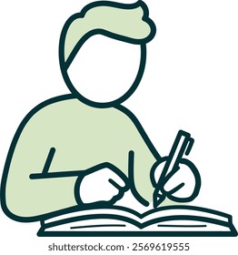 A young man writing a notebook with a pencil and a pen.