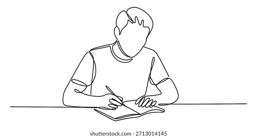 Ein junger Mann, der in einem Notizbuch schreibt oder an einem Tisch lernt Vektorgrafik, Illustration