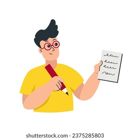 Young man writing notes. To-do list, performing prescribed tasks, filling out a questionnaire. Planning concept. Vector ihand drawn llustration isolated on white background.