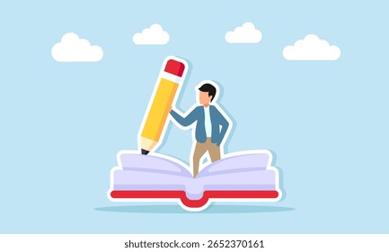 young man writing with a pencil on an open book illustration of writing and composing a knowledge book