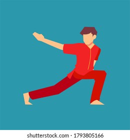 Young man wushu kung fu character icon in flat style. Sport vector illustration with red and blue color