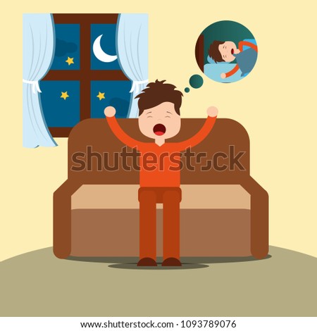 young man yawning thinking sleep sitting on sofa