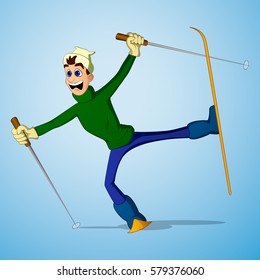 Young man in yellow hat and green sweater falling and shouting loud while skiing 