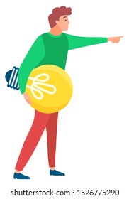 Young man with yellow light bulb pointing at something isolated on white. New bright idea, business ambitions concept flat cartoon vector illustration. Busines creative idea