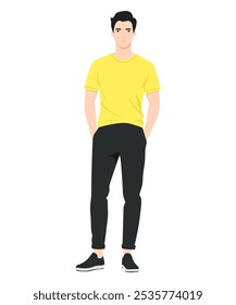 Hombre joven en una camiseta amarilla y pantalones negros, estilo casual para paseos y reuniones informales.