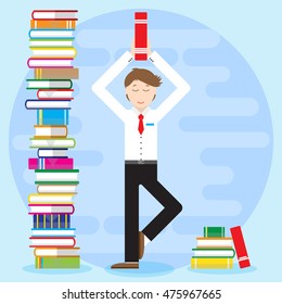 Young man in yoga pose. Holds book, textbook in hand and meditates. Nearby big piles of books. Flat style