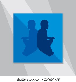 young man yoga pose over blue background