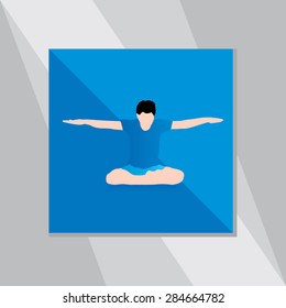 young man yoga pose over blue background