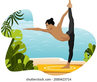 A young man in a yoga pose stands against the background of the ocean. Healthy lifestyle, active rest. Outdoor workouts, exercises. Flat vector illustration.
