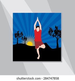 young man yoga posture with blue background