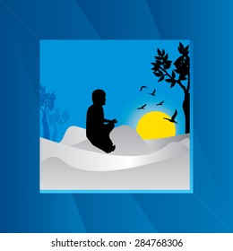 young man yoga posture with blue cloud background vector illustration