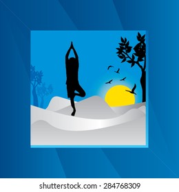 young man yoga posture with blue cloud background vector illustration