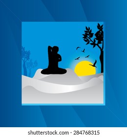 young man yoga posture with blue cloud background vector illustration