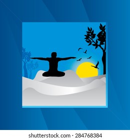 young man yoga posture with blue cloud background vector illustration