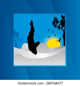 young man yoga posture with blue cloud background vector illustration