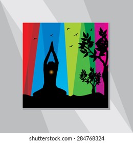 young man yoga posture with colorful landscape background vector illustration 