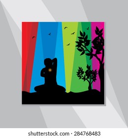 young man yoga posture with colorful landscape background vector illustration 