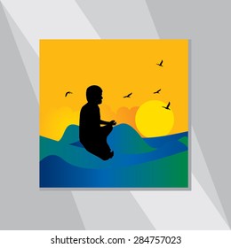 young man yoga posture with sunset view vector illustration 
