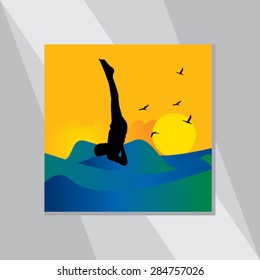 young man yoga posture with sunset view vector illustration 