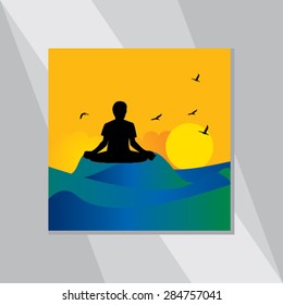 young man yoga posture with sunset view vector illustration 