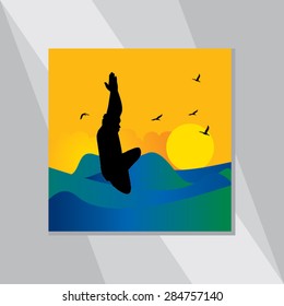 young man yoga posture with sunset view vector illustration 