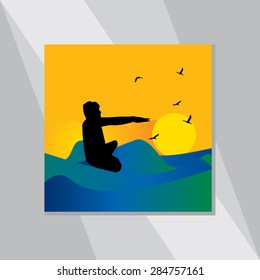 young man yoga posture with sunset view vector illustration 