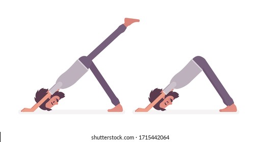 Young man in yogi sports wear practicing yoga, doing Downward facing dog, adho mukha svanasana pose, one legged variation, exercise for healthy habit workout. Vector flat style cartoon illustration