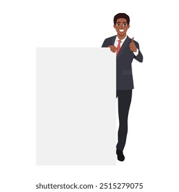 Young manager in formal suit holding a blank sheet and pointing. Flat Vector character illustration