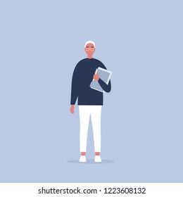 Young manager holding a folder. Office life. Daily routine. Millennials at work. Flat editable vector illustration, clip art