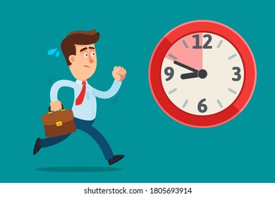 Young manager is late for work. Man is running fast and hurrying to get to office in time. Be late for meeting. Business vector illustration, concept. Flat cartoon style, isolated background.