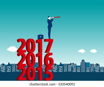 Young manager looking success at standing above numbers 2017. Concept business illustration. Vector flat