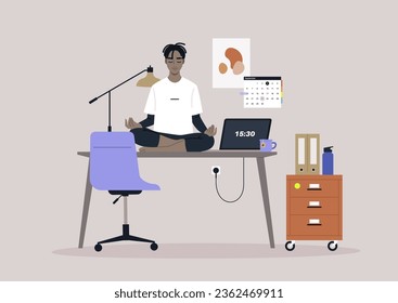 A young manager meditating on their desk in the workplace, using a mindful approach to reduce stress levels