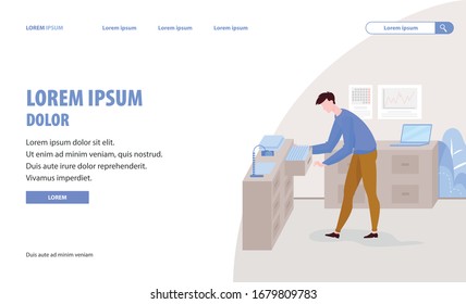 Joven gerente de Office Open Desk Buscar documentos de trabajo o información financiera. Empresario ocupado. Gabinete de fondo del interior del lugar de trabajo. Página Diseño de la Ilustración del Vector para Aterrizaje