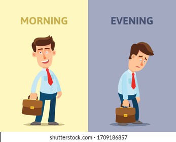 Young manager is peppy and energetic in the morning before work and very tired and exhausted in the evening after work. Worker in the morning and evening. Vector illustration, flat cartoon, isolated.