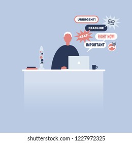 Young manager receiving a bunch of notifications on the laptop messenger. Troubleshooting. Deadlines and urgent tasks. Business situation. Flat editable vector illustration, clip art