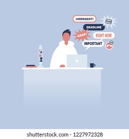 Young manager receiving a bunch of notifications on the laptop messenger. Troubleshooting. Deadlines and urgent tasks. Business situation. Flat editable vector illustration, clip art