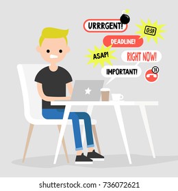 Young manager receiving a bunch of notifications on the laptop messenger. Troubleshooting. Deadlines and urgent tasks. Business situation. Flat editable vector illustration, clip art