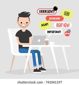 Young manager receiving a bunch of notifications on the laptop messenger. Troubleshooting. Deadlines and urgent tasks. Business situation. Flat editable vector illustration, clip art