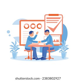 El joven gerente le da la mano al nuevo empleado después de que la entrevista haya terminado. Concepto de creación de empleo. ilustración plana vectorial moderna de tendencia